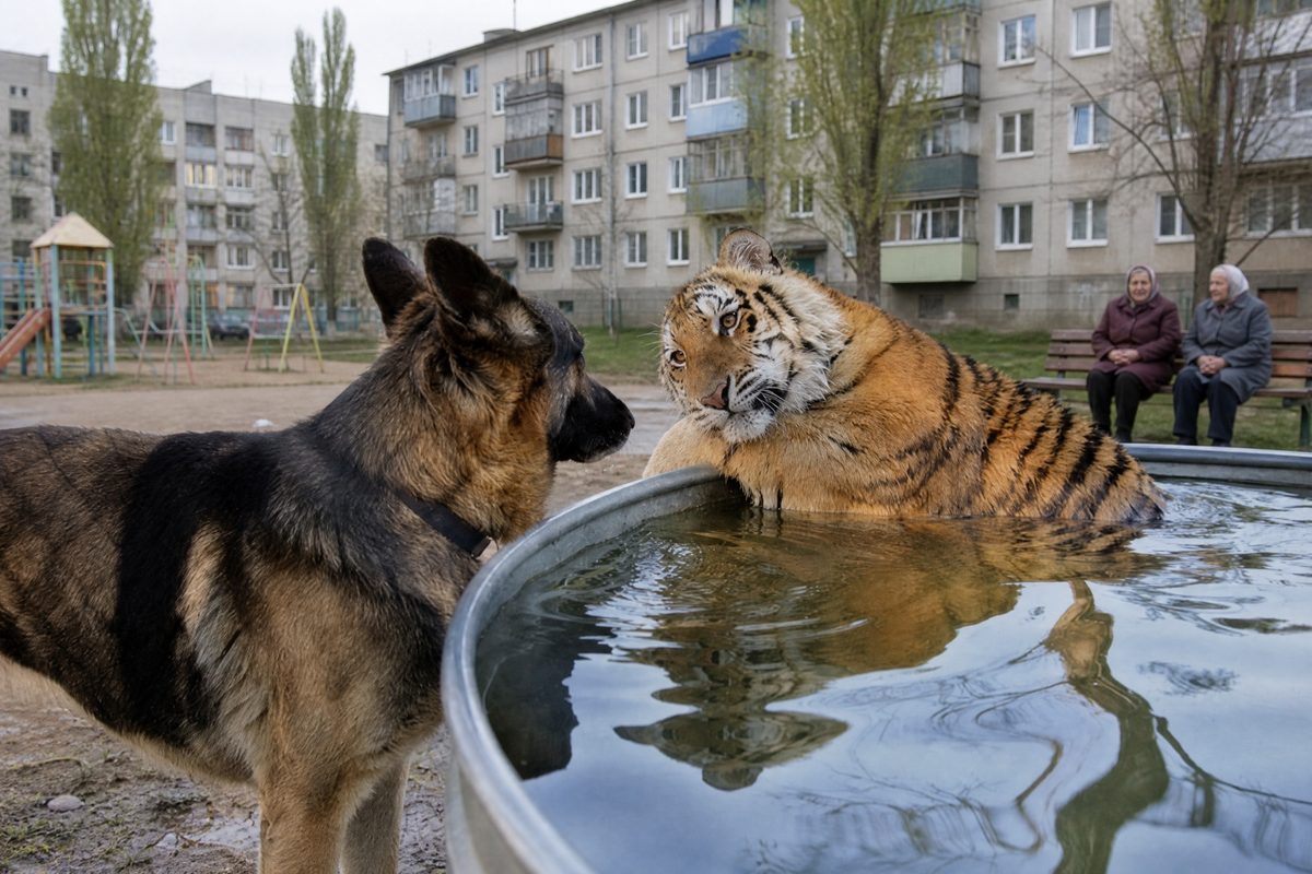 GPT Image 2: тигр и собака во дворе хрущёвки