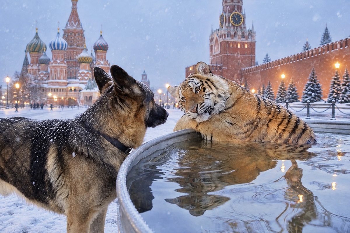 GPT Image 2.5: тигр и собака на Красной площади, снег на шерсти собаки