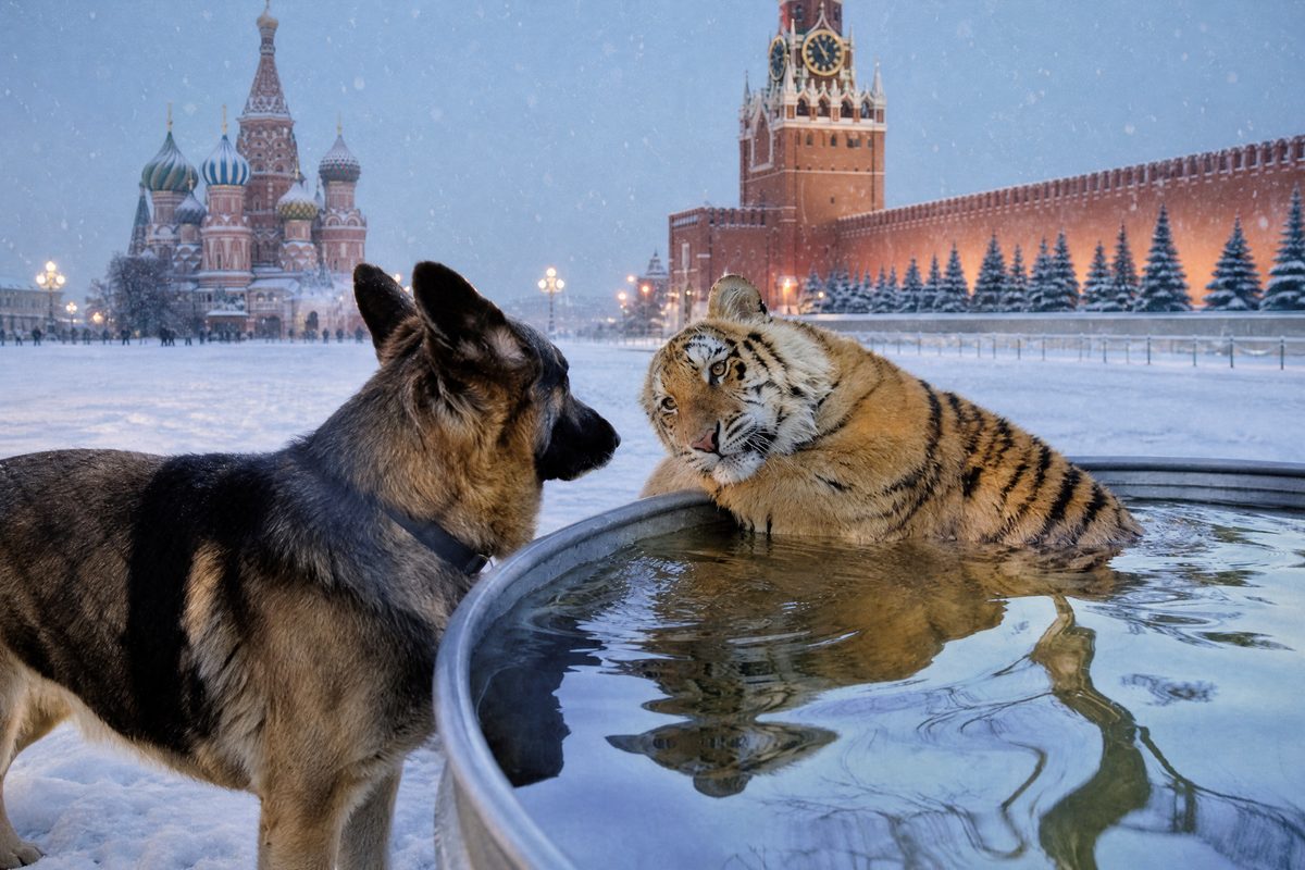 GPT Image 2: тигр и собака на Красной площади зимой