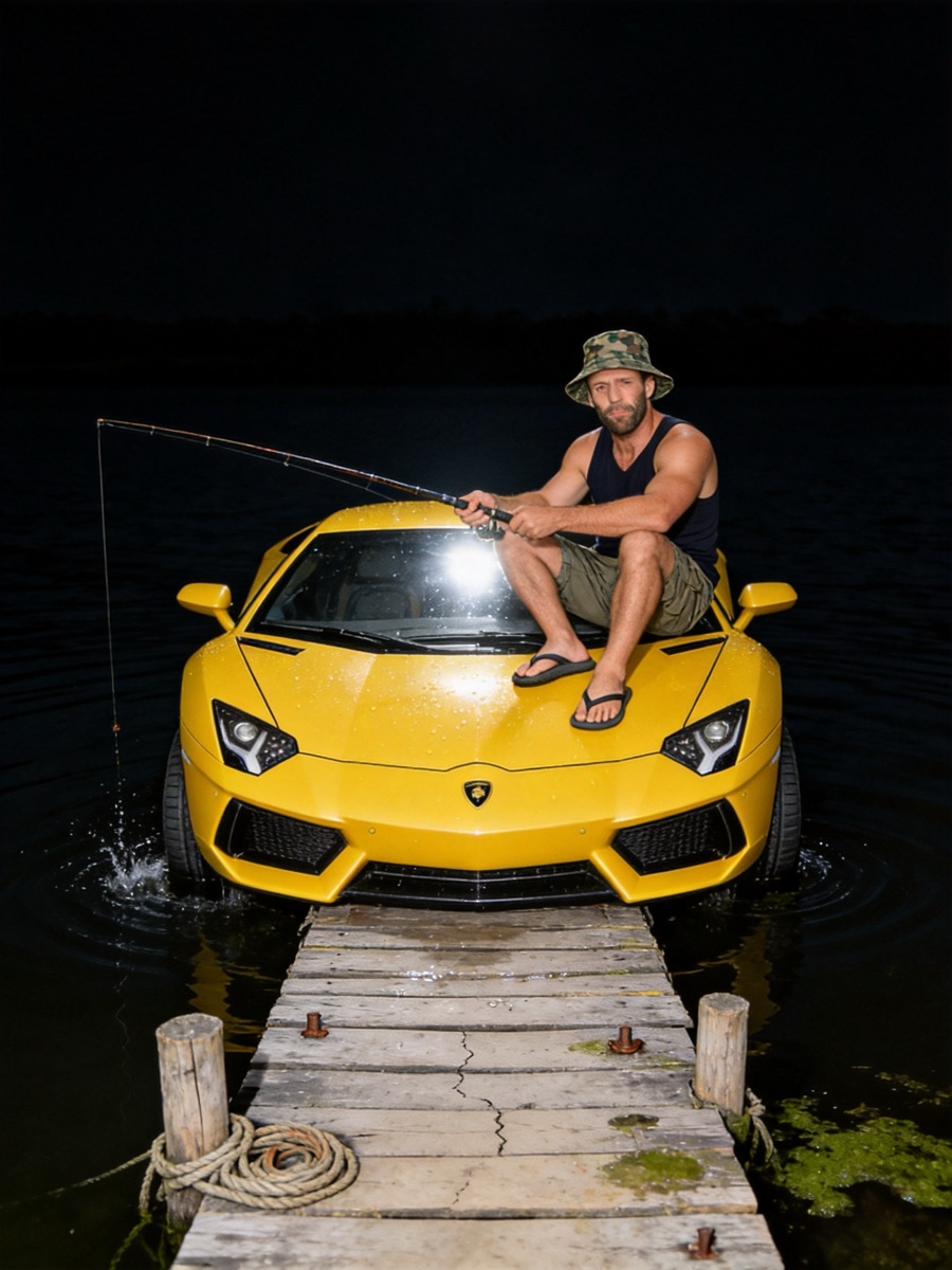 Seedream 4.5 Edit: Lamborghini плавает в реке вместо причала