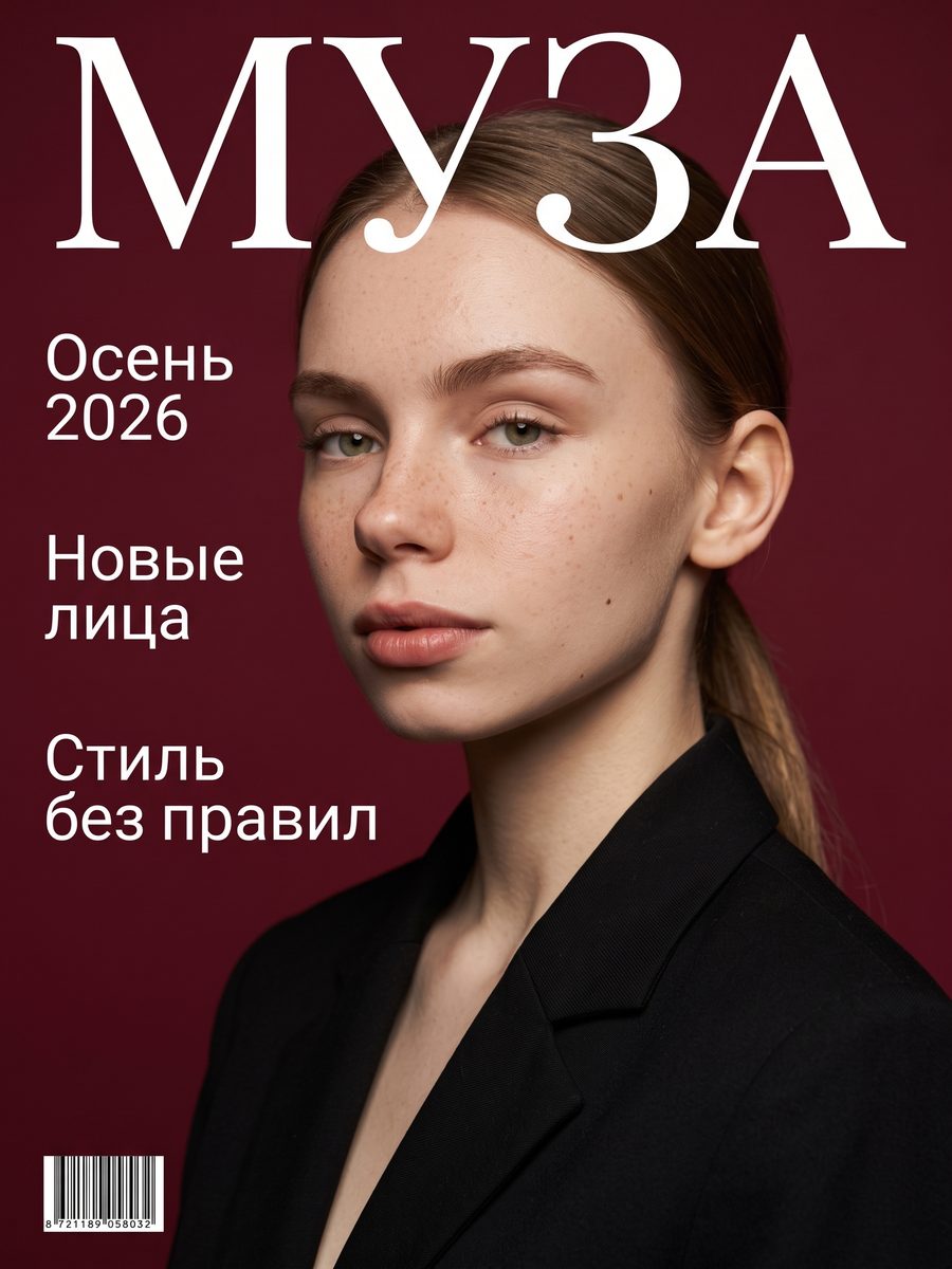 Nano Banana 2: обложка «МУЗА», буквы названия лежат поверх волос