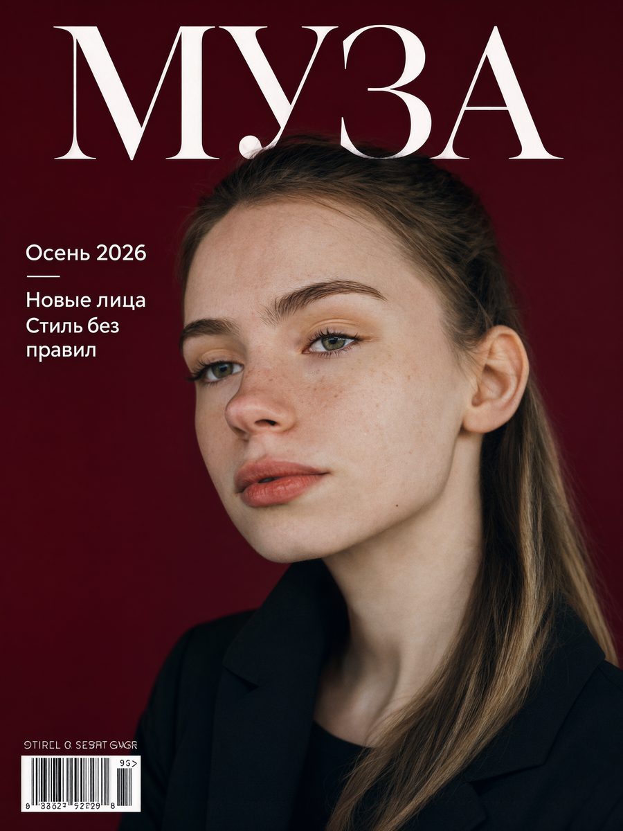 Qwen 2.1: обложка журнала, волосы распущены, над штрихкодом бессмысленная надпись