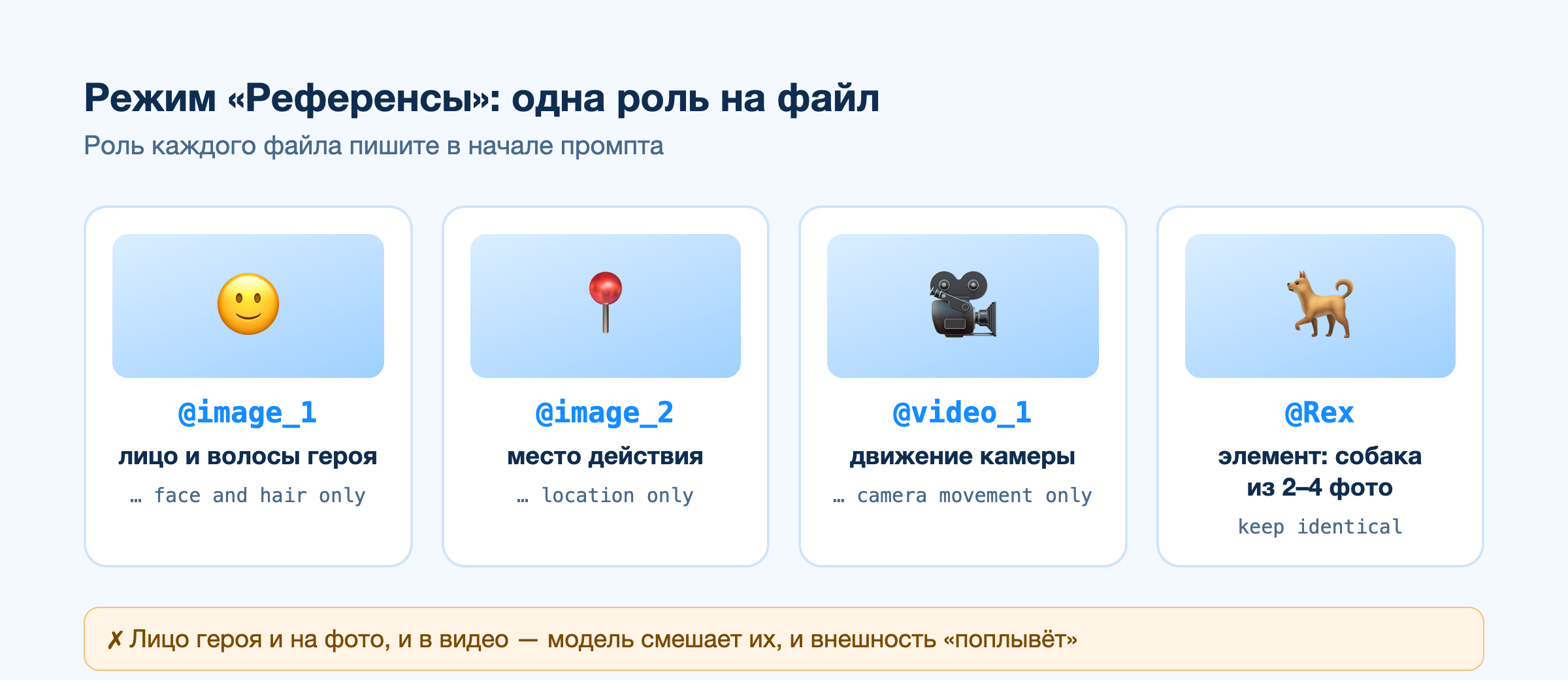 Схема режима «Референсы»: у каждого файла одна роль — @image_1 лицо героя, @image_2 место, @video_1 только движение камеры, @Rex собака