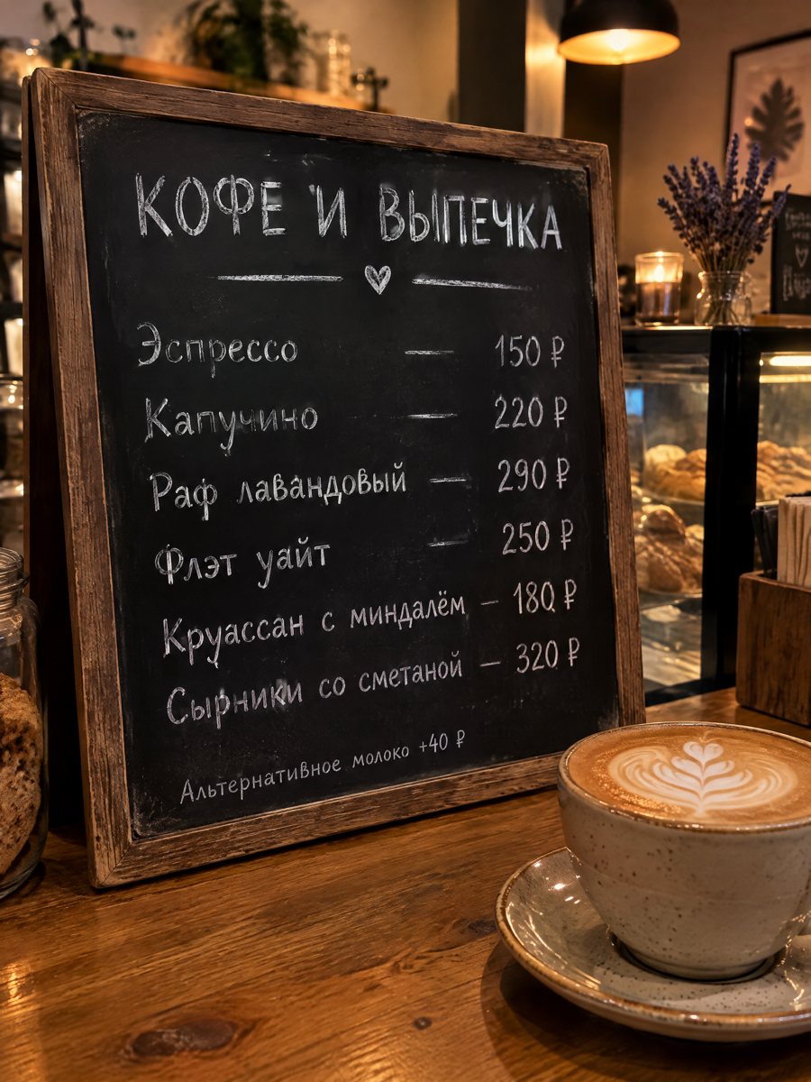GPT Image 2.5: меловая доска, меню на русском, цены выровнены в колонку