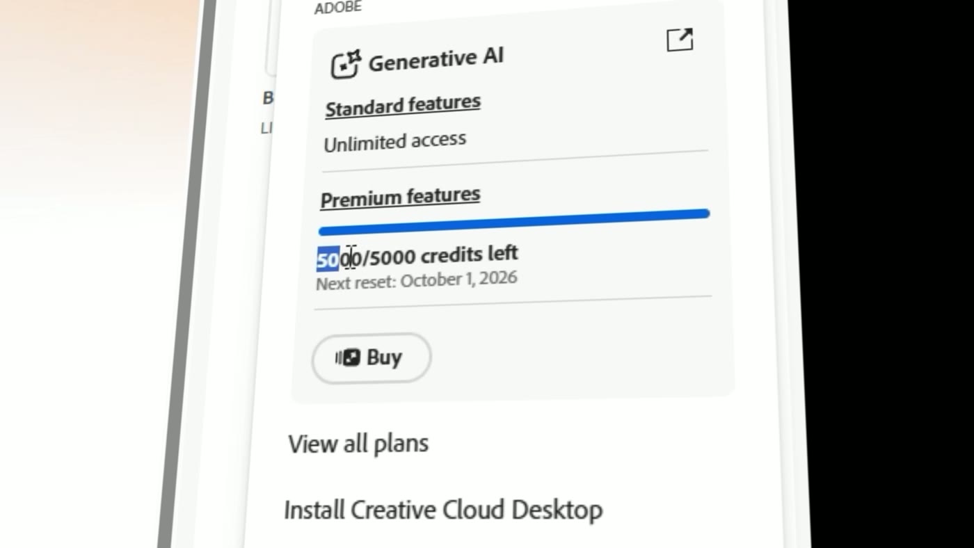 Панель Creative Cloud: раздел Generative AI, стандартные функции без ограничений, 5000 из 5000 генеративных баллов для премиум-функций, следующее обновление 1 октября